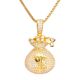 Men's Iced Gold Tone CZ Money Bag Pendant 24 inch Box Chain Necklace 
