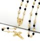 Guadalupe and Jesus Cross with 6mm Black / Gold Tone Beads 28 inch Rosary Necklace