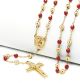 Guadalupe and Jesus Cross with 6mm Red / Gold Tone Beads 28 inch Rosary Necklace