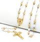 Guadalupe and Jesus Cross with 6mm White / Gold Tone Beads 28 inch Rosary Necklace
