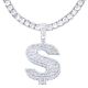 Men's Silver Tone Iced Out Dollar Pendant 26 Inch Tennis Chain Necklace