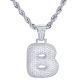 B Initial Bubble Letter Silver Plated Iced Out Pendant 24 inch Rope Chain Necklace-B