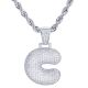 C Initial Bubble Letter Silver Plated Iced Out Pendant 24 inch Rope Chain Necklace-C