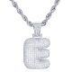 E Initial Bubble Letter Silver Plated Iced Out Pendant 24 inch Rope Chain Necklace-E