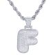 F Initial Bubble Letter Silver Plated Iced Out Pendant 24 inch Rope Chain Necklace-F