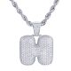H Initial Bubble Letter Silver Plated Iced Out Pendant 24 inch Rope Chain Necklace-H