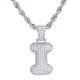 I Initial Bubble Letter Silver Plated Iced Out Pendant 24 inch Rope Chain Necklace-I