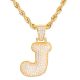 J Initial Bubble Letter Gold Plated Iced Out Pendant 24 inch Rope Chain Necklace-J