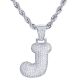 J Initial Bubble Letter Silver Plated Iced Out Pendant 24 inch Rope Chain Necklace-J
