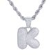 K Initial Bubble Letter Silver Plated Iced Out Pendant 24 inch Rope Chain Necklace-K