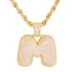 M Initial Bubble Letter Gold Plated Iced Out Pendant 24 inch Rope Chain Necklace-M