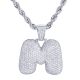M Initial Bubble Letter Silver Plated Iced Out Pendant 24 inch Rope Chain Necklace-M