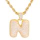 N Initial Bubble Letter Gold Plated Iced Out Pendant 24 inch Rope Chain Necklace-N