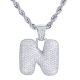 N Initial Bubble Letter Silver Plated Iced Out Pendant 24 inch Rope Chain Necklace-N
