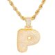 P Initial Bubble Letter Gold Plated Iced Out Pendant 24 inch Rope Chain Necklace-P