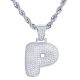P Initial Bubble Letter Silver Plated Iced Out Pendant 24 inch Rope Chain Necklace-P