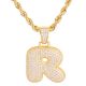 R Initial Bubble Letter Gold Plated Iced Out Pendant 24 inch Rope Chain Necklace-R