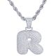 R Initial Bubble Letter Silver Plated Iced Out Pendant 24 inch Rope Chain Necklace-R