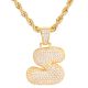 S Initial Bubble Letter Gold Plated Iced Out Pendant 24 inch Rope Chain Necklace-S