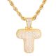 T Initial Bubble Letter Gold Plated Iced Out Pendant 24 inch Rope Chain Necklace-T