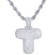 T Initial Bubble Letter Silver Plated Iced Out Pendant 24 inch Rope Chain Necklace-T
