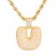 U Initial Bubble Letter Gold Plated Iced Out Pendant 24 inch Rope Chain Necklace-U