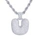 U Initial Bubble Letter Silver Plated Iced Out Pendant 24 inch Rope Chain Necklace-U