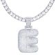 E Initial Bubble Letters Silver Plated Iced Out Pendant 24 inch Tennis Chain Necklace-E