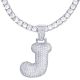 J Initial Bubble Letters Silver Plated Iced Out Pendant 24 inch Tennis Chain Necklace-J