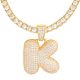 K Initial Bubble Letter Gold Plated Iced Out Pendant 24 inch Tennis Chain Necklace