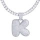 K Initial Bubble Letters Silver Plated Iced Out Pendant 24 inch Tennis Chain Necklace-K