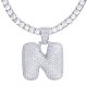 N Initial Bubble Letters Silver Plated Iced Out Pendant 24 inch Tennis Chain Necklace-N