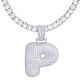 P Initial Bubble Letters Silver Plated Iced Out Pendant 24 inch Tennis Chain Necklace-P