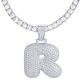 R Initial Bubble Letters Silver Plated Iced Out Pendant 24 inch Tennis Chain Necklace-R