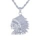 Men's Silver Plated Iced Out Indian Head 24 Inch 4 mm Rope Chain Pendant Necklace