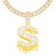 Rapper Iced Out Gold Tone 3D Dripping Dollar Sign Pendant 24 inch Tennis Chain Necklace